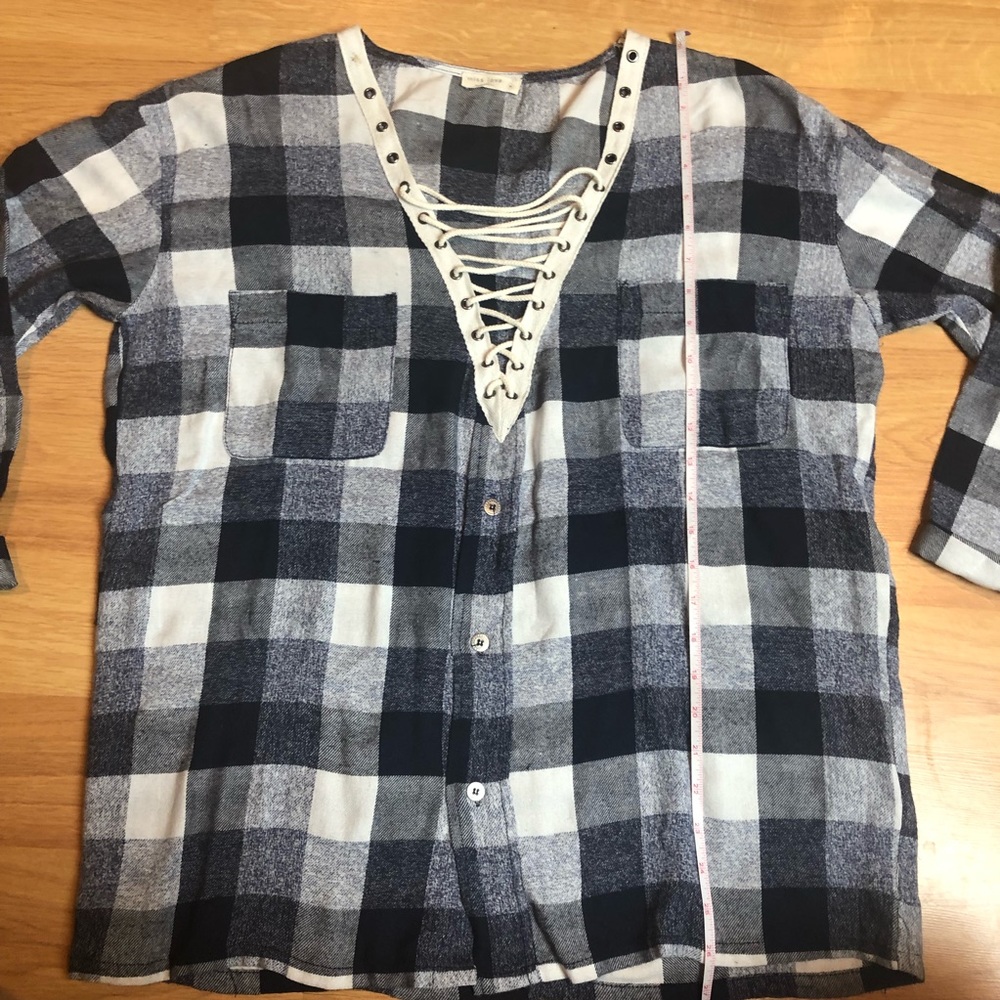 MISS LOVE boho rope neckline plaid shirt blouse M - Picture 11 of 15